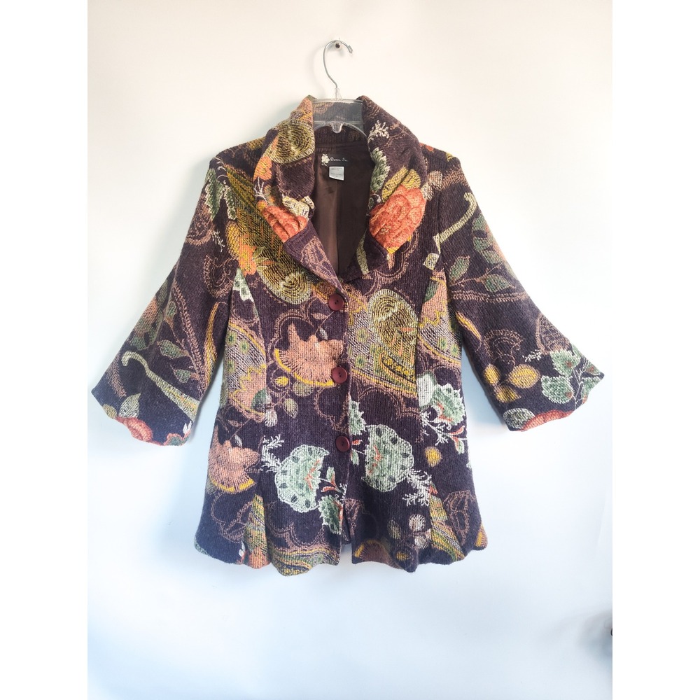 Vintage Damee Inc Jacket Swing Coat Medium Tapestry Brown Floral Paisley Knit